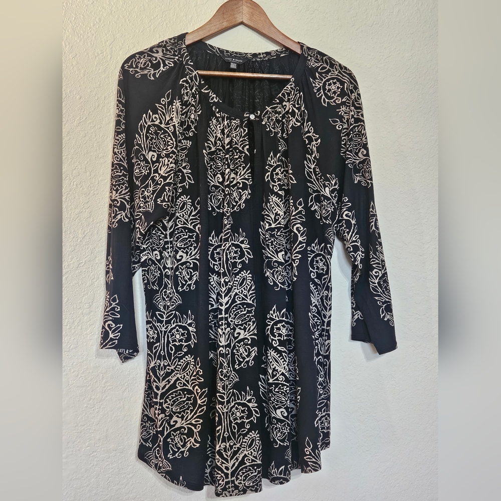 Lucky Brand‎ Blouse Womens 2X Tan Black Paisley Floral
